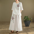 Spring and summer 2025 new round neck short sleeve embroidered cotton and linen top elastic waist nine casual wide leg pants two-piece set