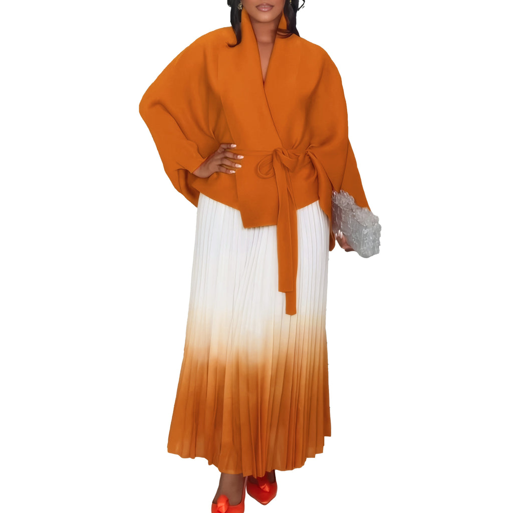 C8610 African Plus Size Women's Spring New Fashion Strap Batwing Top Gradient Color-changing Skirt Two-piece Set