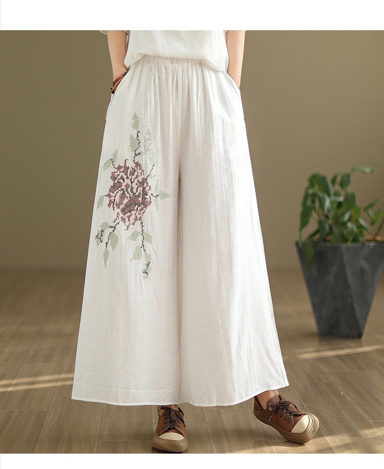 Spring and summer 2025 new round neck short sleeve embroidered cotton and linen top elastic waist nine casual wide leg pants two-piece set