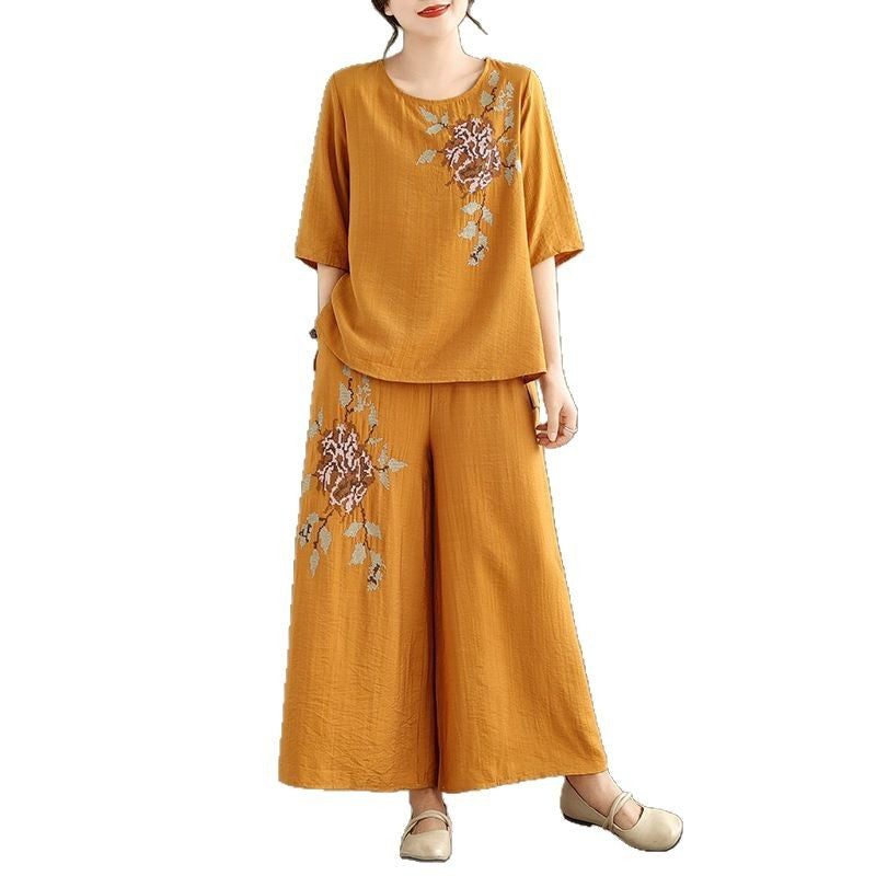 Spring and summer 2025 new round neck short sleeve embroidered cotton and linen top elastic waist nine casual wide leg pants two-piece set