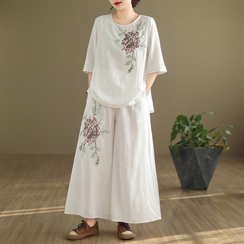 Spring and summer 2025 new round neck short sleeve embroidered cotton and linen top elastic waist nine casual wide leg pants two-piece set
