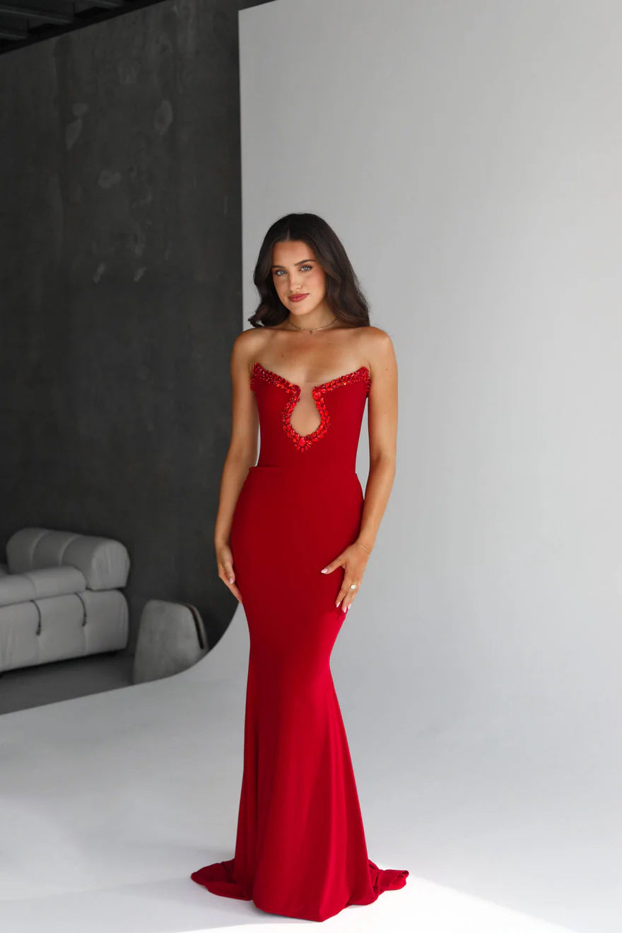 Amazon Women's 2025 Spring and Summer European and American Cross-border Red Diamond Bandage Evening Dress Women's Banquet Elegant Light Luxury