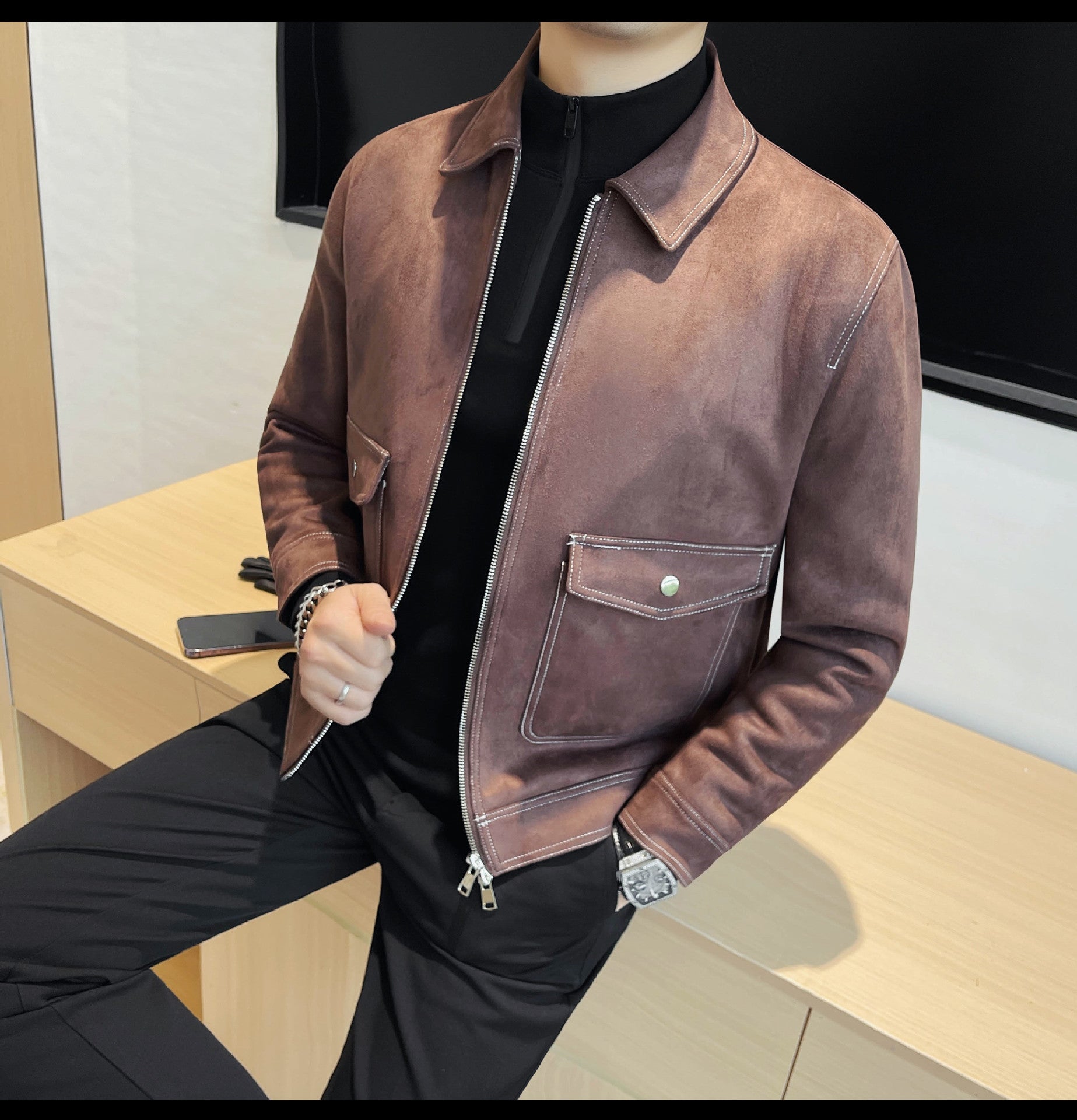 Autumn and Winter New Men's Jacket Coat Fur Fleece Large Pocket Lapel Solid Color Copper Zipper Casual Jacket Top