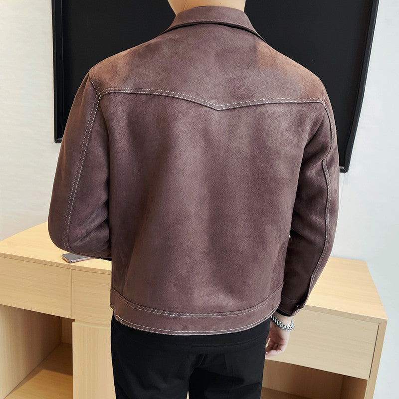 Autumn and Winter New Men's Jacket Coat Fur Fleece Large Pocket Lapel Solid Color Copper Zipper Casual Jacket Top