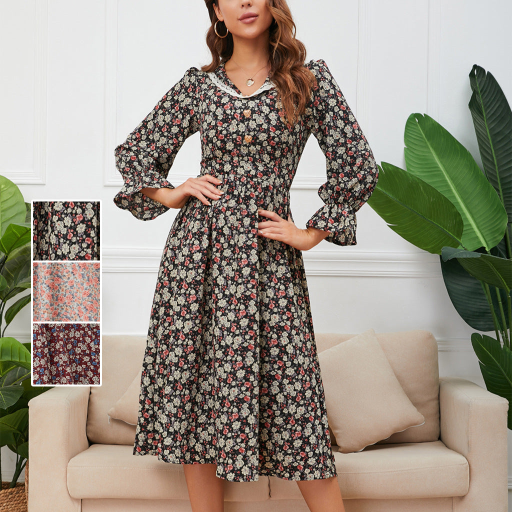 Swintager 2026 Spring New Maternity Chiffon Dress Small Floral Dress Amazon Long-Sleeved Dress