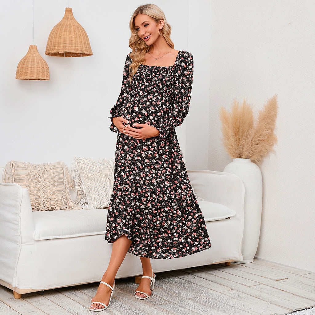 Swintager 2026 Spring New Maternity Chiffon Dress Small Floral Dress Amazon Long-Sleeved Dress