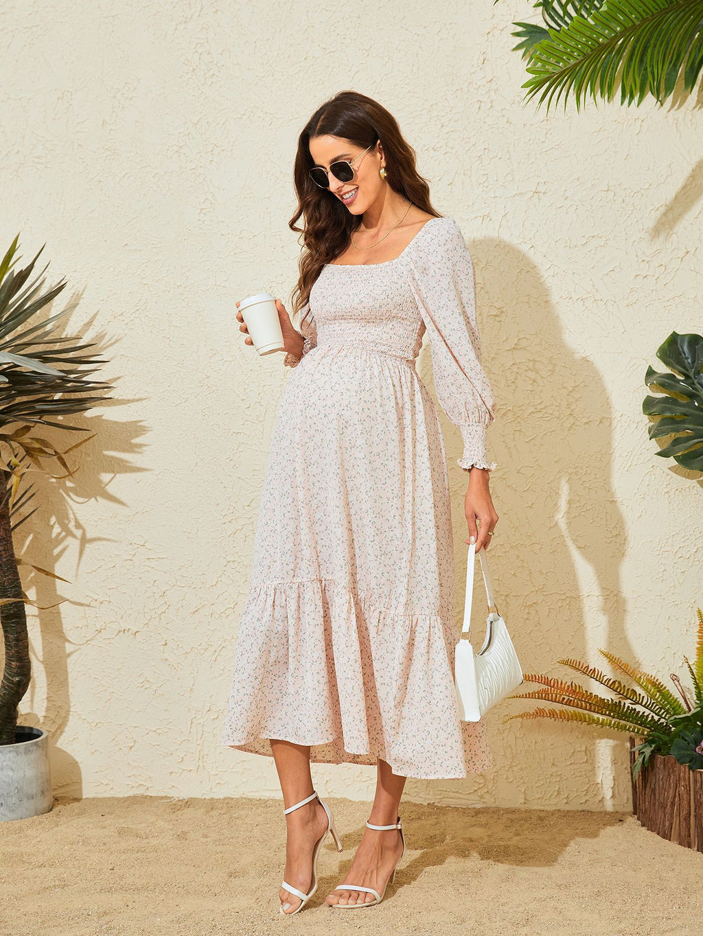 Swintager 2026 Spring New Maternity Chiffon Dress Small Floral Dress Amazon Long-Sleeved Dress