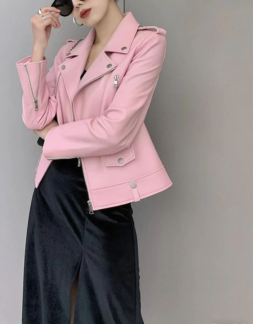 2025 Spring and Autumn New Korean Style Short Women's Pu Women's Large Size Leather Jacket Slim Motorcycle Jacket Small Leather Jacket