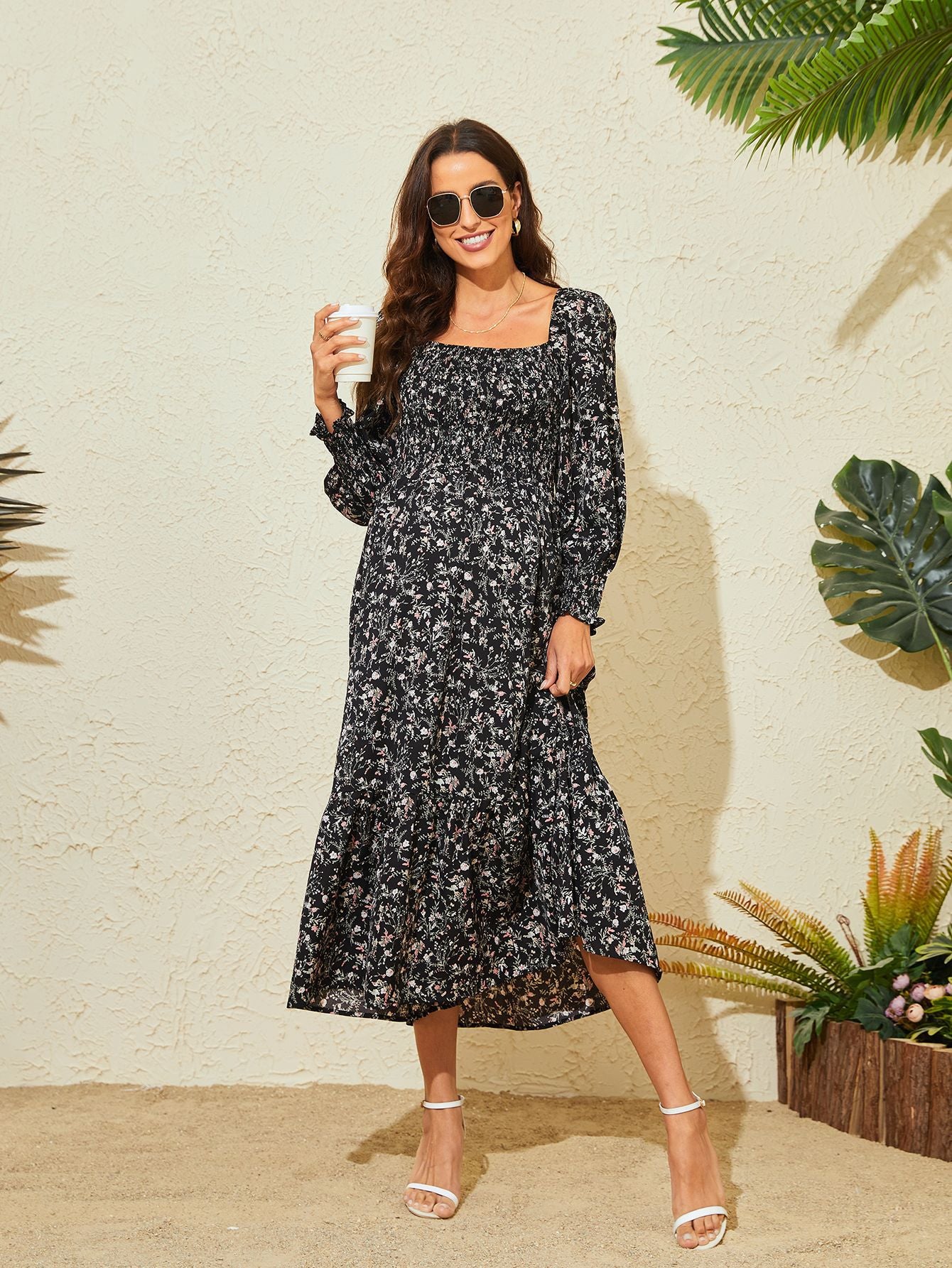Swintager 2026 Spring New Maternity Chiffon Dress Small Floral Dress Amazon Long-Sleeved Dress