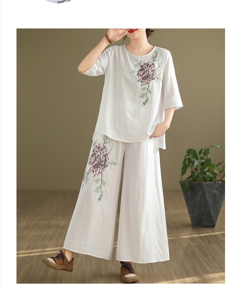Spring and summer 2025 new round neck short sleeve embroidered cotton and linen top elastic waist nine casual wide leg pants two-piece set