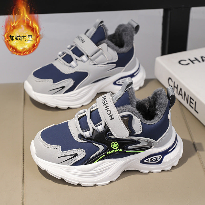 Autumn and Winter Leather Children's Sneakers, Boys' Fleece-Lined Cotton Shoes, Student Dad Shoes, Running Shoes, Warm Snow Boots, Children's Shoes