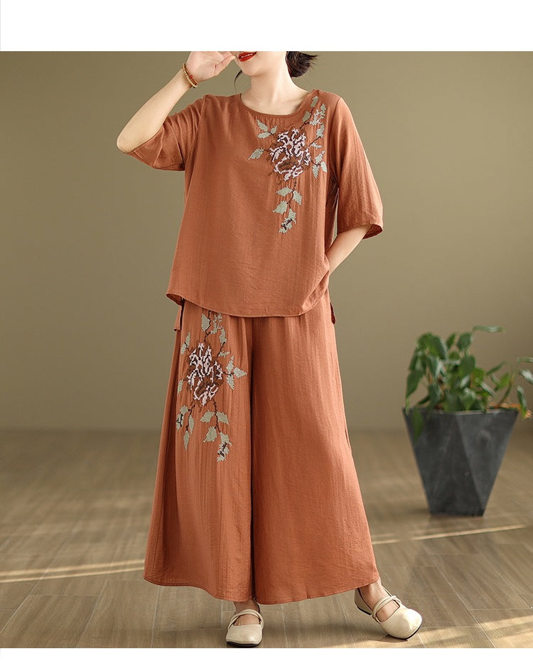 Spring and summer 2025 new round neck short sleeve embroidered cotton and linen top elastic waist nine casual wide leg pants two-piece set
