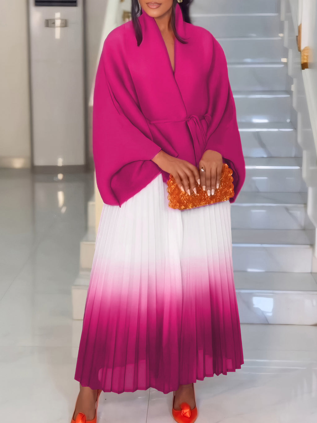 C8610 African Plus Size Women's Spring New Fashion Strap Batwing Top Gradient Color-changing Skirt Two-piece Set