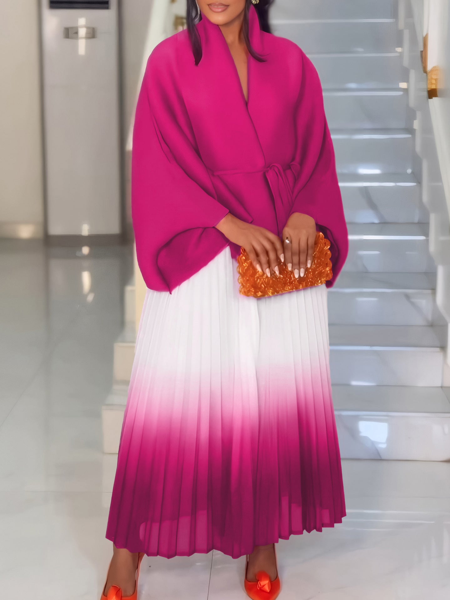 C8610 African plus size Women's Spring New Fashion Strap Bat Sleeve Top Gradient Color-changing Skirt Two-piece Set