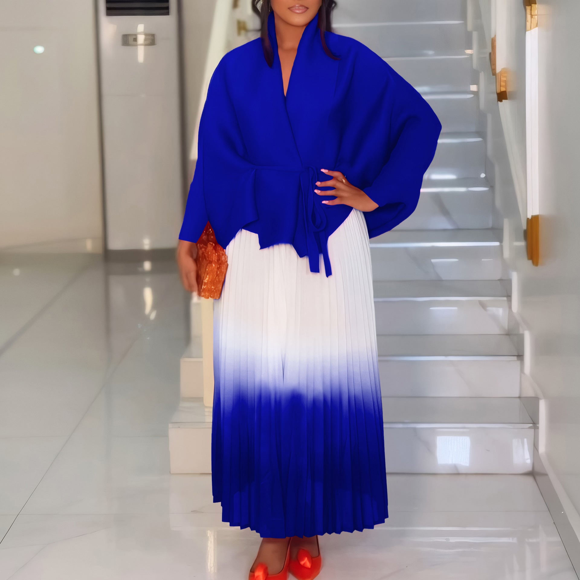 C8610 African plus size Women's Spring New Fashion Strap Bat Sleeve Top Gradient Color-changing Skirt Two-piece Set