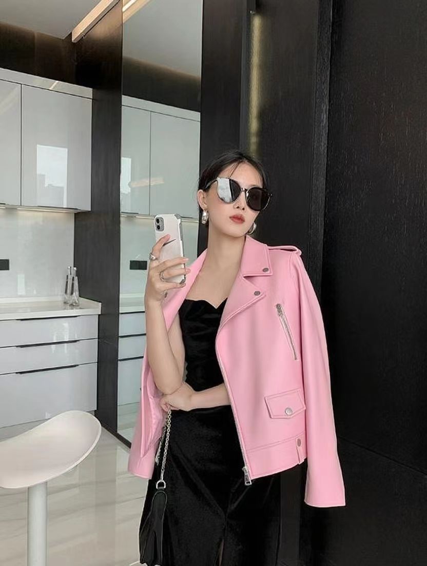 2025 Spring and Autumn New Korean Style Short Women's Pu Women's Large Size Leather Jacket Slim Motorcycle Jacket Small Leather Jacket
