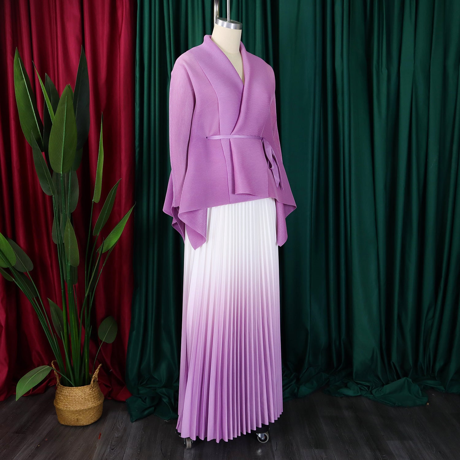 C8610 African plus size Women's Spring New Fashion Strap Bat Sleeve Top Gradient Color-changing Skirt Two-piece Set