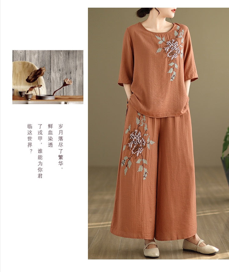 Spring and summer 2025 new round neck short sleeve embroidered cotton and linen top elastic waist nine casual wide leg pants two-piece set