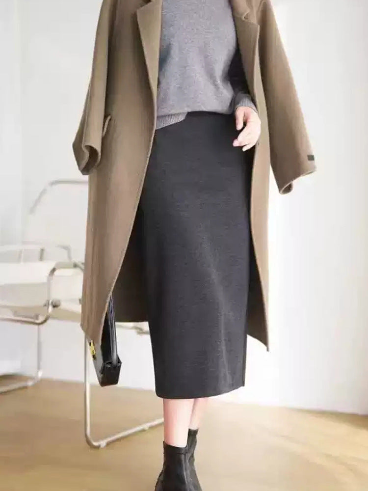 Acetate Cashmere Women's Mid-Length Skirt, High-End Elegant High-Waist Slimming Rear Split Wool Straight Skirt, Autumn and Winter New Collection