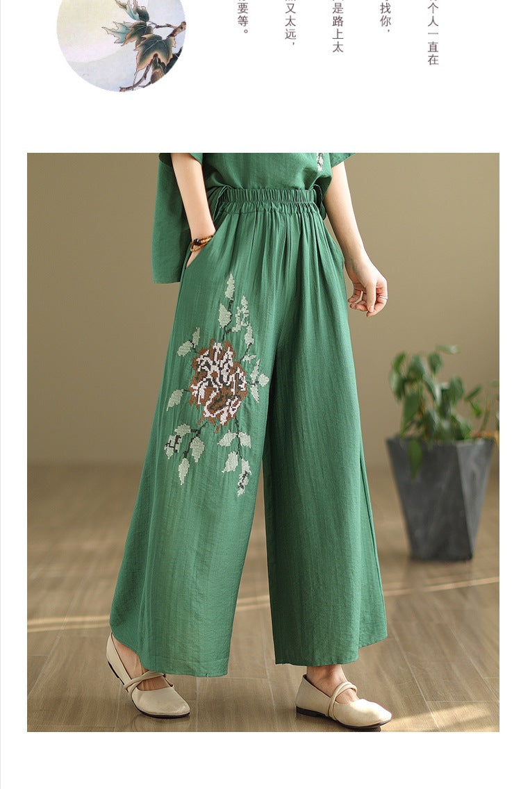 Spring and summer 2025 new round neck short sleeve embroidered cotton and linen top elastic waist nine casual wide leg pants two-piece set