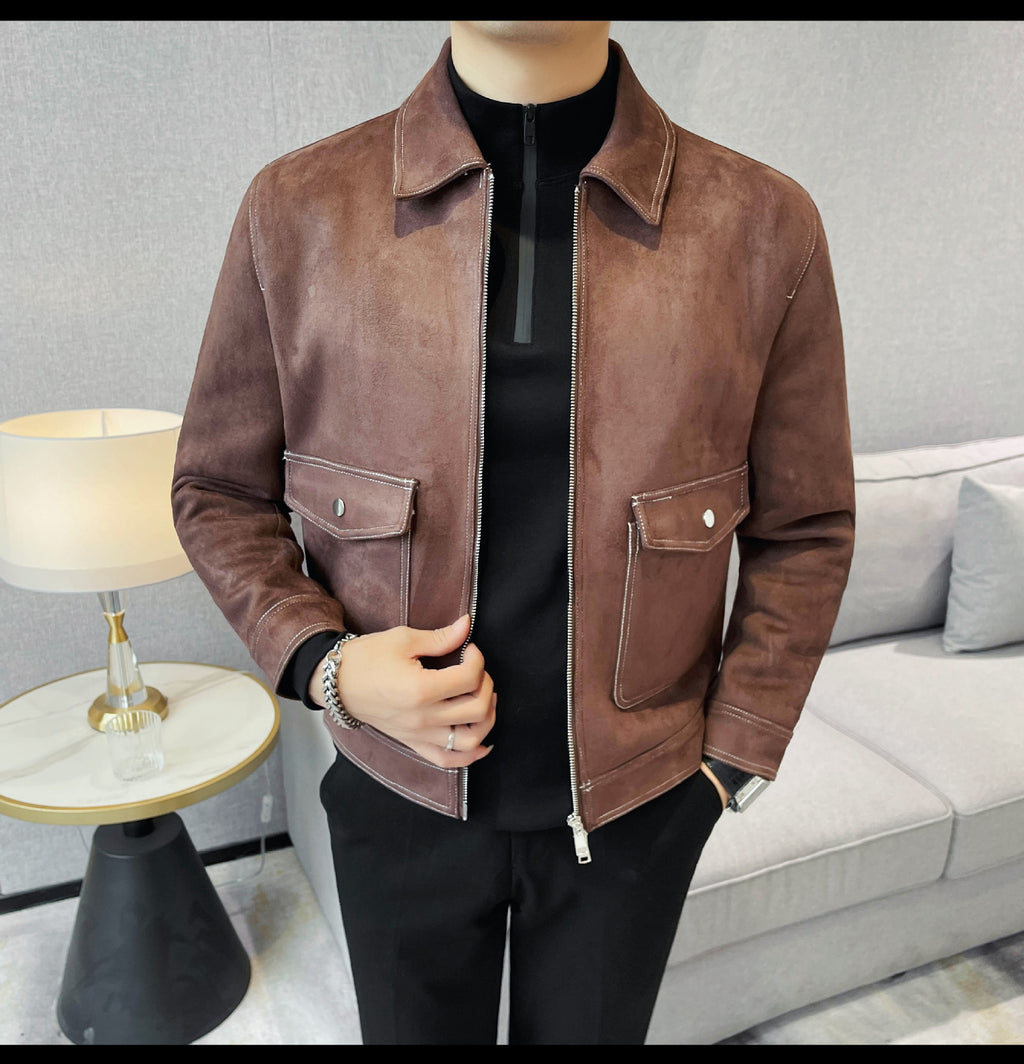 Autumn and Winter New Men's Jacket Coat Fur Fleece Large Pocket Lapel Solid Color Copper Zipper Casual Jacket Top