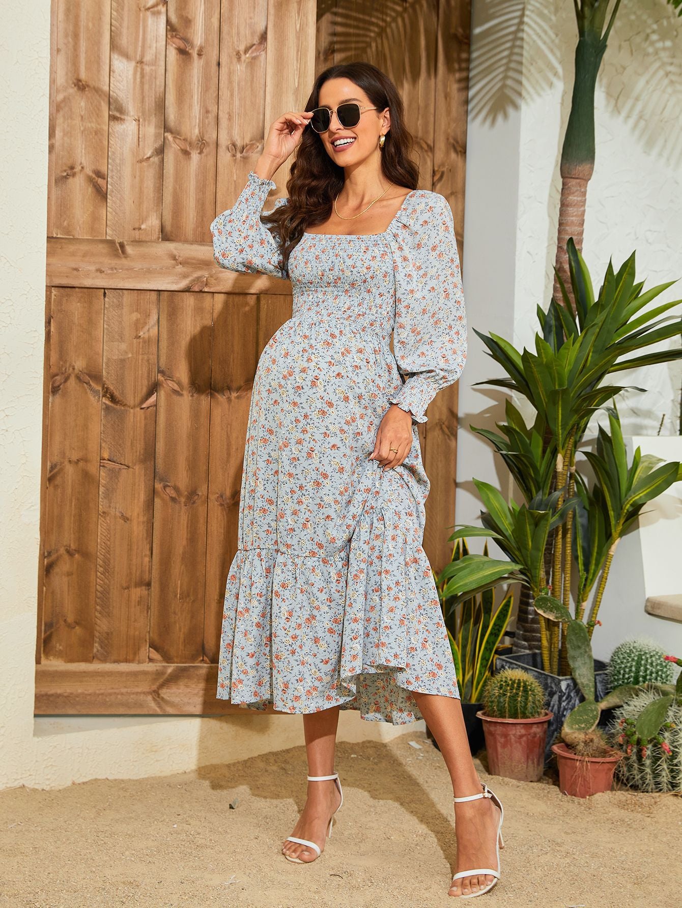 Swintager 2026 Spring New Maternity Chiffon Dress Small Floral Dress Amazon Long-Sleeved Dress