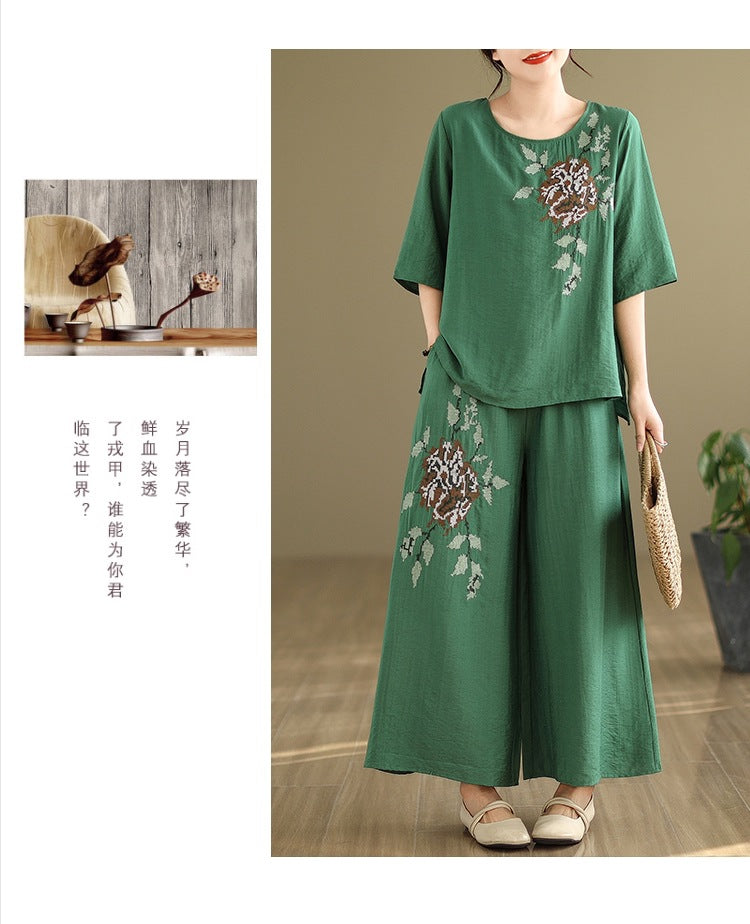 Spring and summer 2025 new round neck short sleeve embroidered cotton and linen top elastic waist nine casual wide leg pants two-piece set