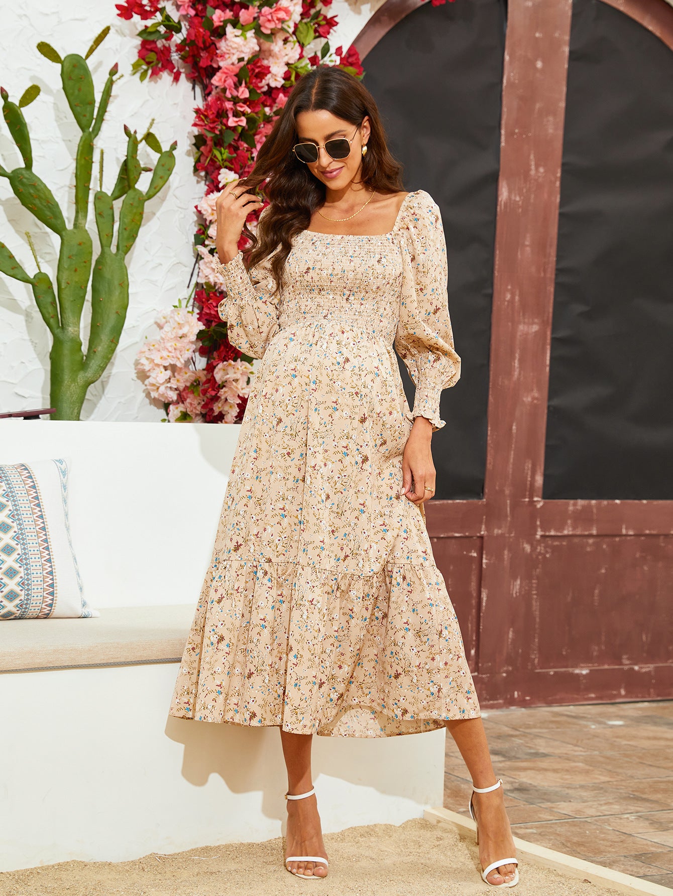 Swintager 2026 Spring New Maternity Chiffon Dress Small Floral Dress Amazon Long-Sleeved Dress