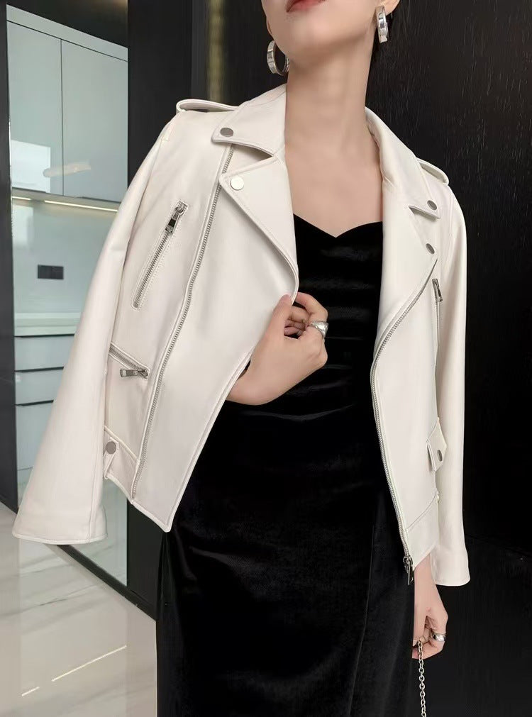 2025 Spring and Autumn New Korean Style Short Women's Pu Women's Large Size Leather Jacket Slim Motorcycle Jacket Small Leather Jacket