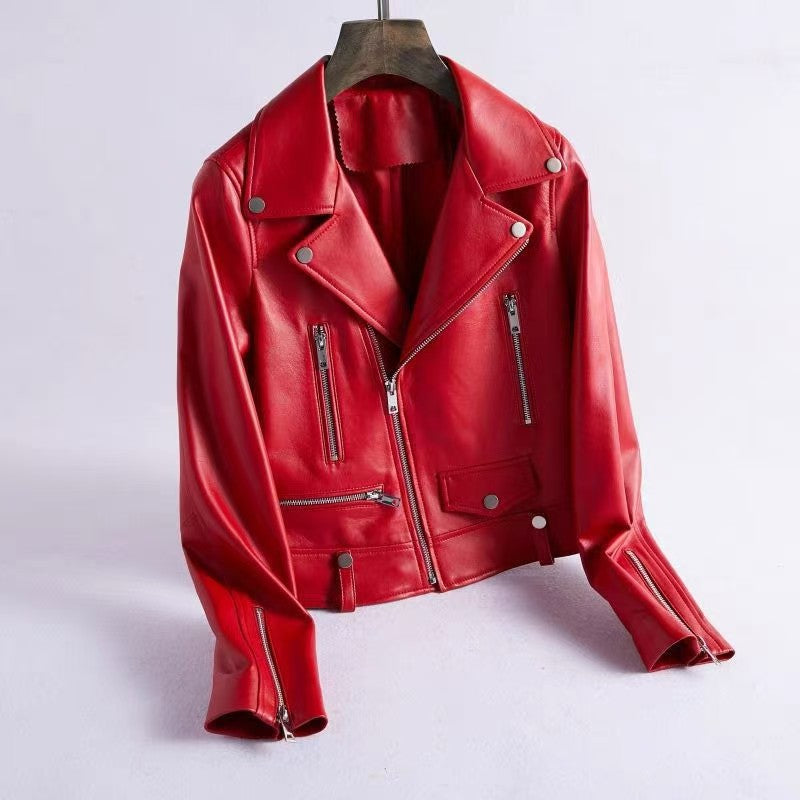 2025 Spring and Autumn New Korean Style Short Women's Pu Women's Large Size Leather Jacket Slim Motorcycle Jacket Small Leather Jacket