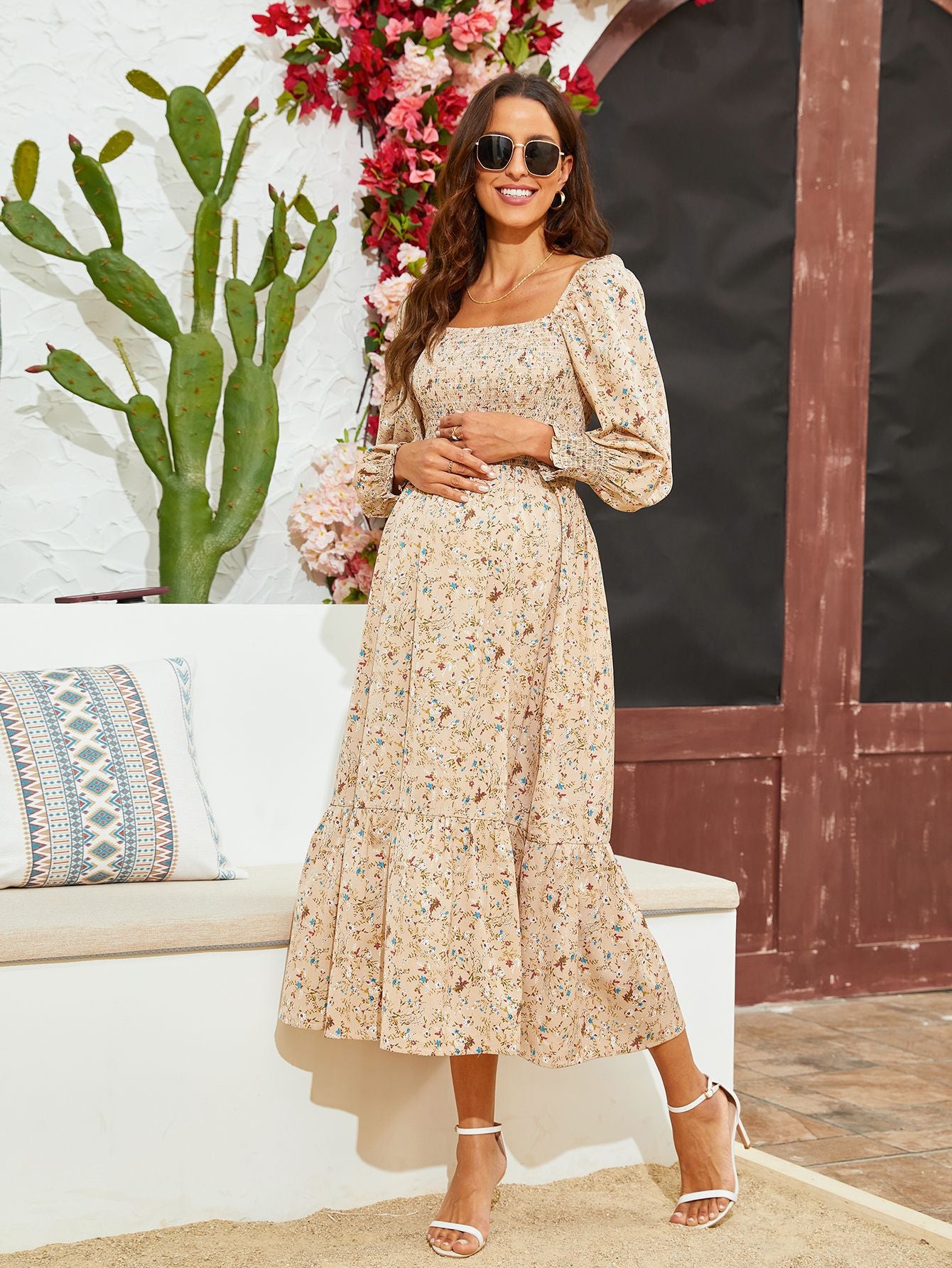 Swintager 2026 Spring New Maternity Chiffon Dress Small Floral Dress Amazon Long-Sleeved Dress