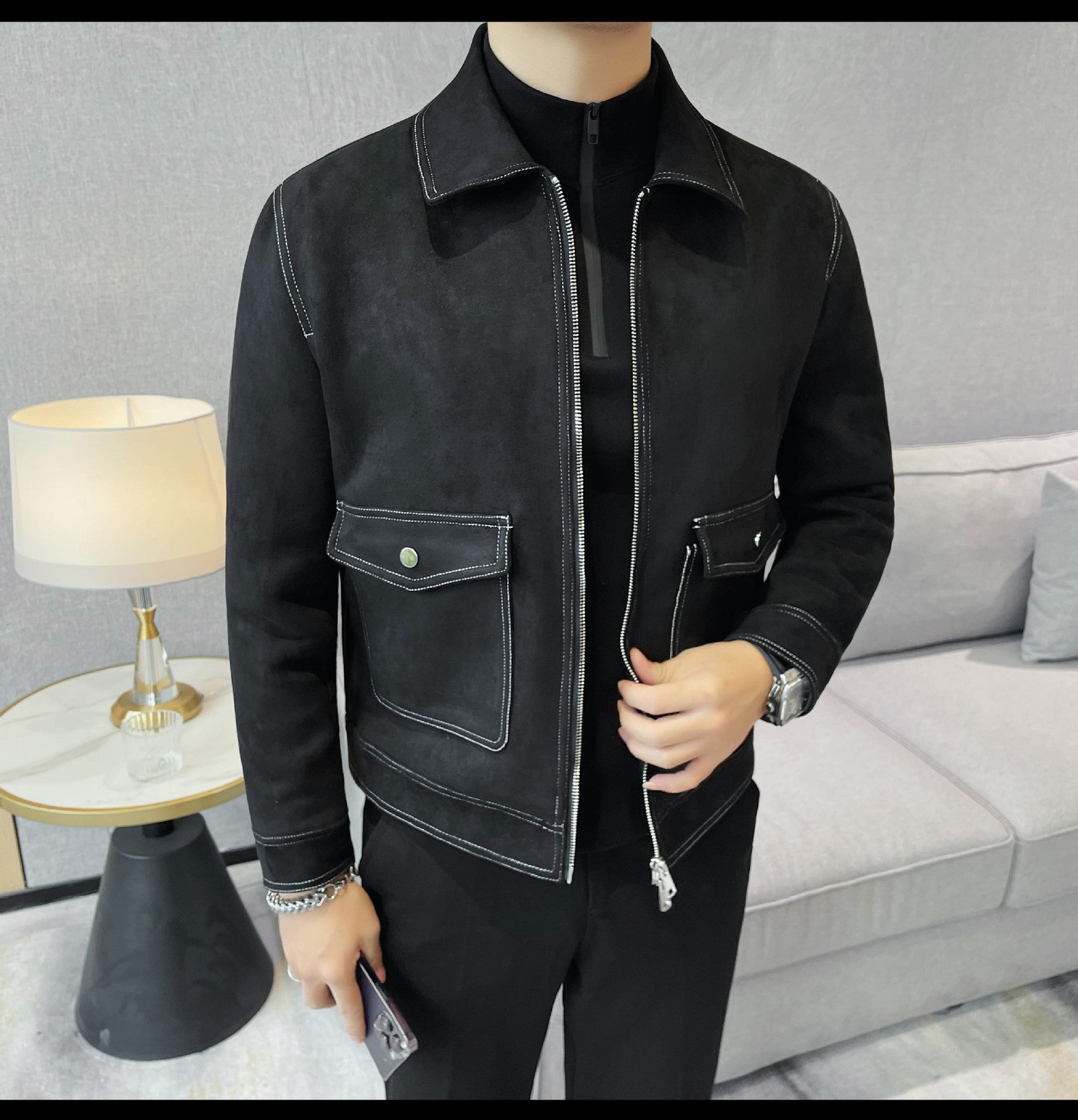 Autumn and Winter New Men's Jacket Coat Fur Fleece Large Pocket Lapel Solid Color Copper Zipper Casual Jacket Top
