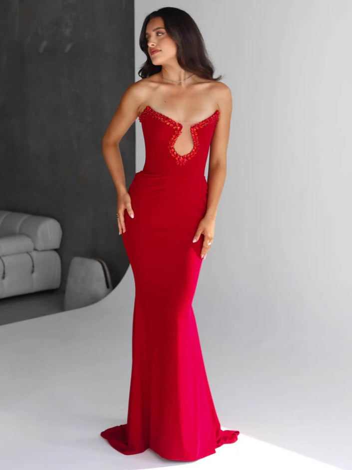Amazon Women's 2025 Spring and Summer European and American Cross-border Red Diamond Bandage Evening Dress Women's Banquet Elegant Light Luxury