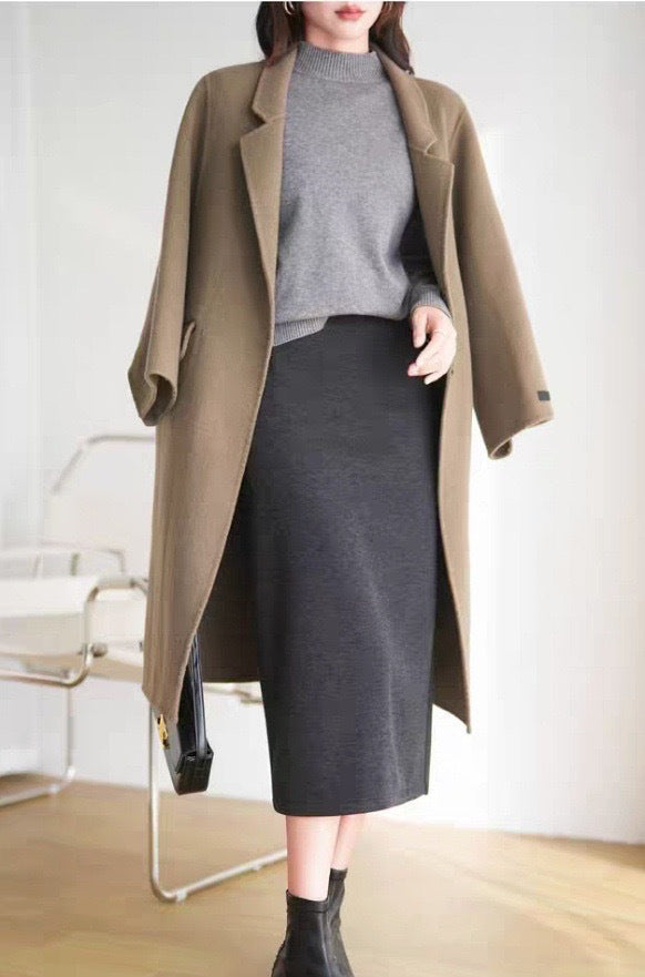 Acetate Cashmere Skirt Women's Mid-Length High-End Elegant High-Waist Slimming Rear Split Wool Straight Skirt Autumn and Winter New