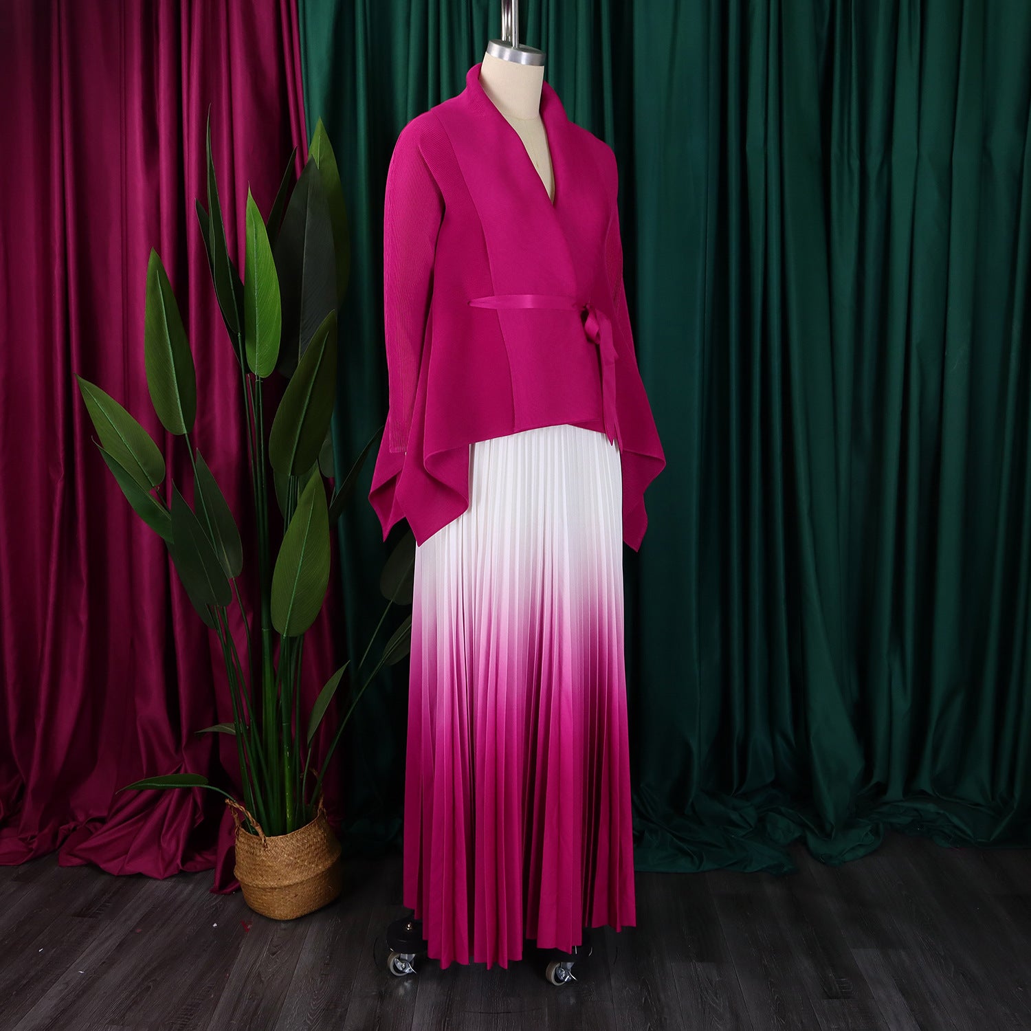 C8610 African plus size Women's Spring New Fashion Strap Bat Sleeve Top Gradient Color-changing Skirt Two-piece Set