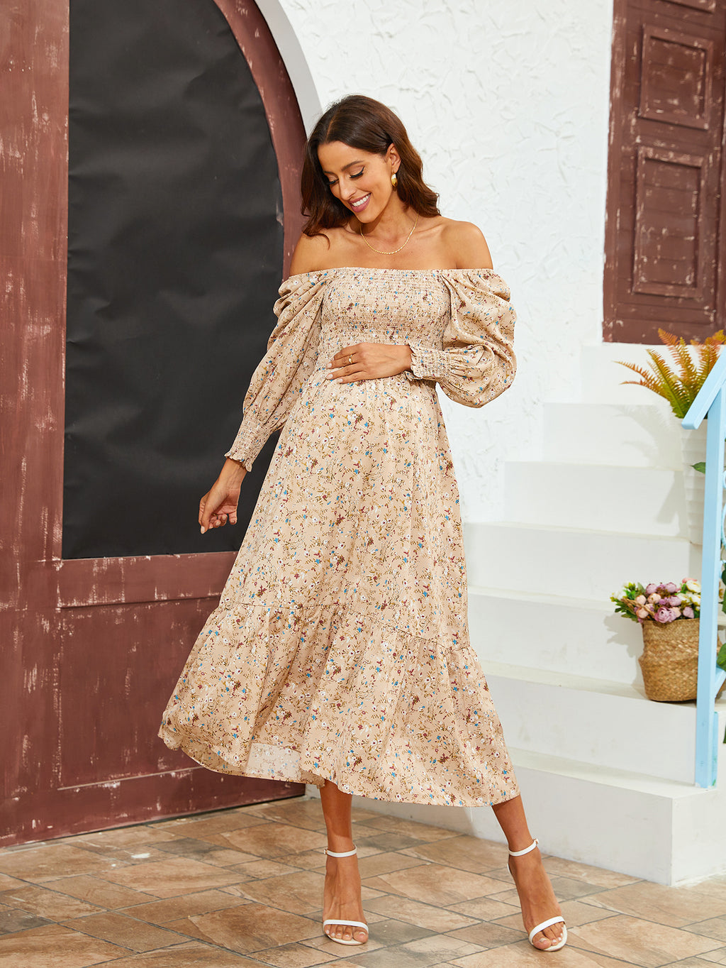 Swintager 2026 Spring New Maternity Chiffon Dress Small Floral Dress Amazon Long-Sleeved Dress