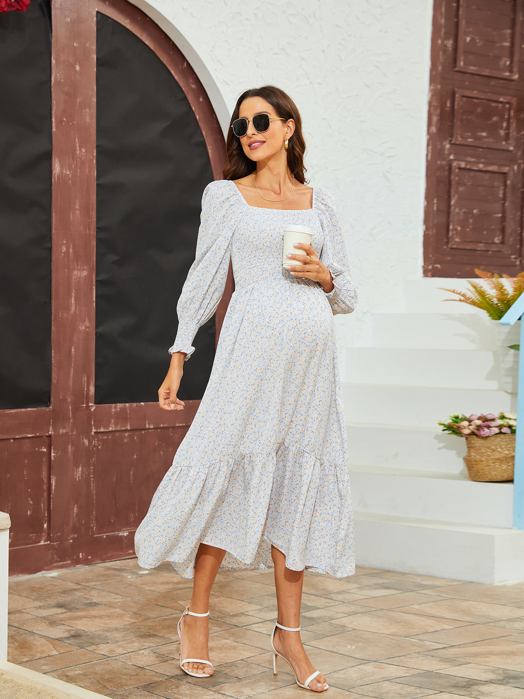 Swintager 2026 Spring New Maternity Chiffon Dress Small Floral Dress Amazon Long-Sleeved Dress