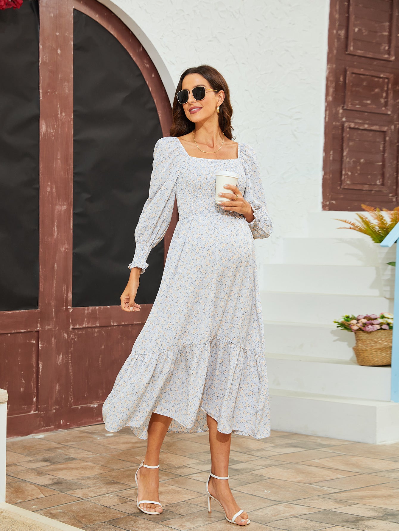 Swintager 2026 Spring New Maternity Chiffon Dress Small Floral Dress Amazon Long-Sleeved Dress