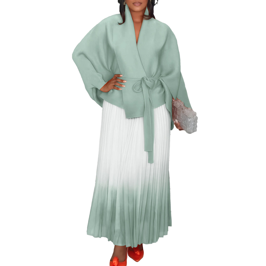 C8610 African plus size Women's Spring New Fashion Strap Bat Sleeve Top Gradient Color-changing Skirt Two-piece Set