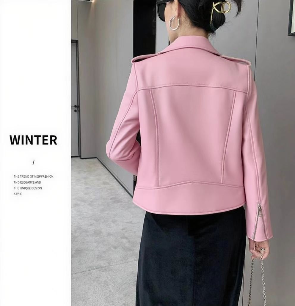 2025 Spring and Autumn New Korean Style Short Women's PU Leather Jacket, Plus Size Slim Motorcycle Jacket, Small Leather Jacket