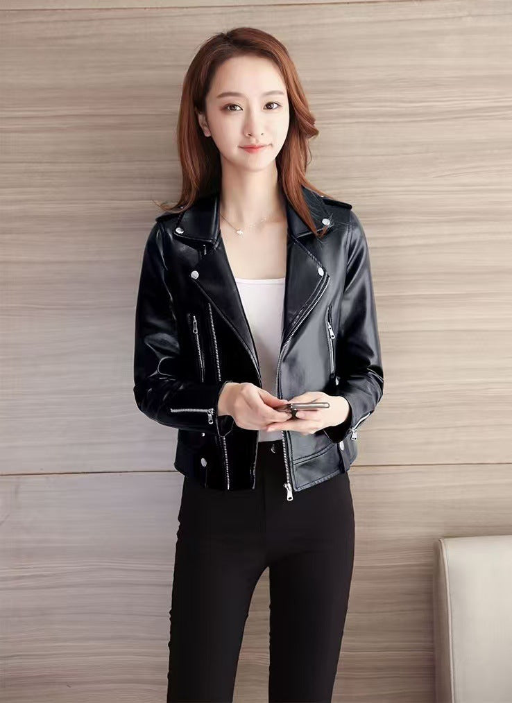 2025 Spring and Autumn New Korean Style Short Women's PU Leather Jacket, Plus Size Slim Motorcycle Jacket, Small Leather Jacket