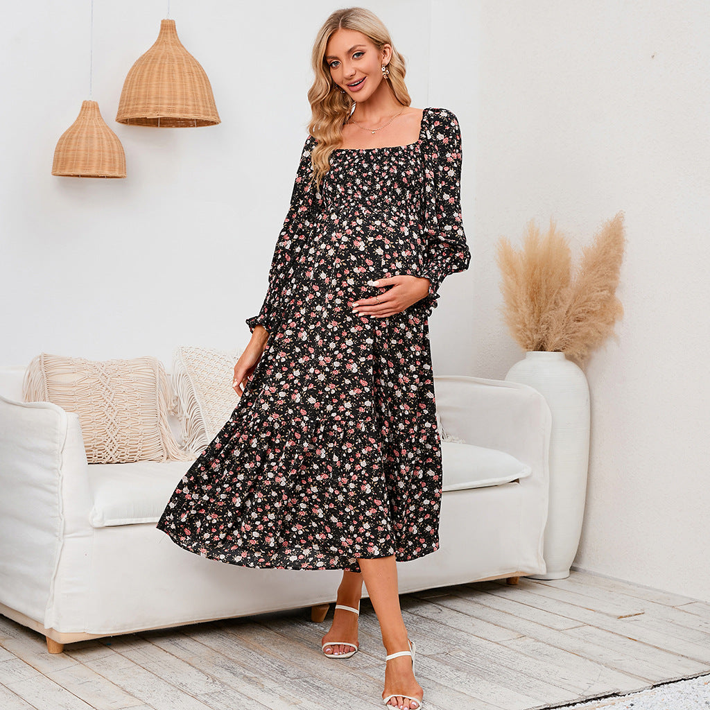 Swintager 2026 Spring New Maternity Chiffon Dress Small Floral Dress Amazon Long-Sleeved Dress