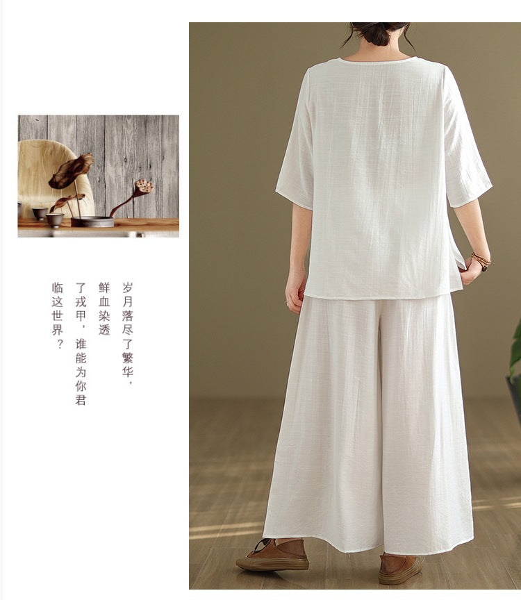 Spring and summer 2025 new round neck short sleeve embroidered cotton and linen top elastic waist nine casual wide leg pants two-piece set