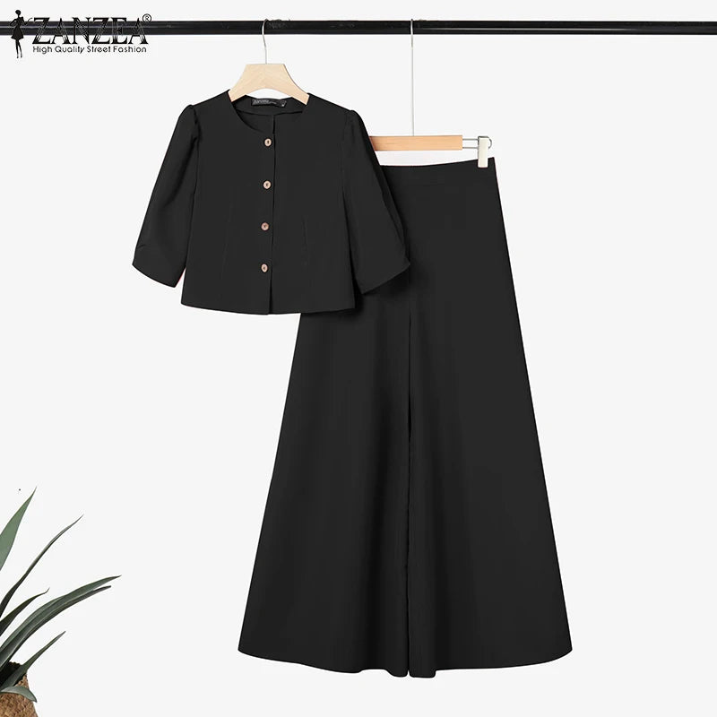 ZANZEA Short Puff Sleeve Crop Tops Stylish 2 Piece Sets Street Fashion Office Wide Leg Pants Woman 2PCS Outfit Elegant Pant Sets