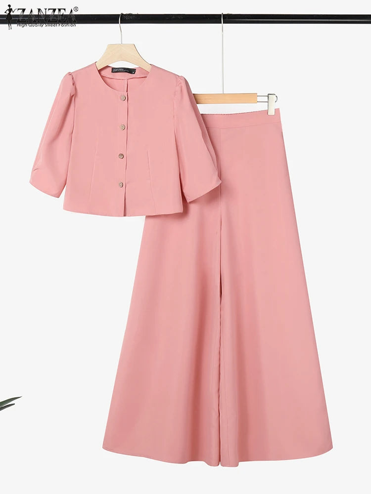 ZANZEA Short Puff Sleeve Crop Tops Stylish 2 Piece Sets Street Fashion Office Wide Leg Pants Woman 2PCS Outfit Elegant Pant Sets