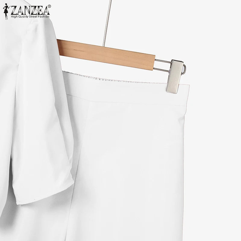 ZANZEA Short Puff Sleeve Crop Tops Stylish 2 Piece Sets Street Fashion Office Wide Leg Pants Woman 2PCS Outfit Elegant Pant Sets