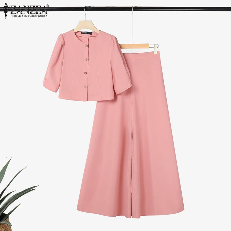 ZANZEA Short Puff Sleeve Crop Tops Stylish 2 Piece Sets Street Fashion Office Wide Leg Pants Woman 2PCS Outfit Elegant Pant Sets