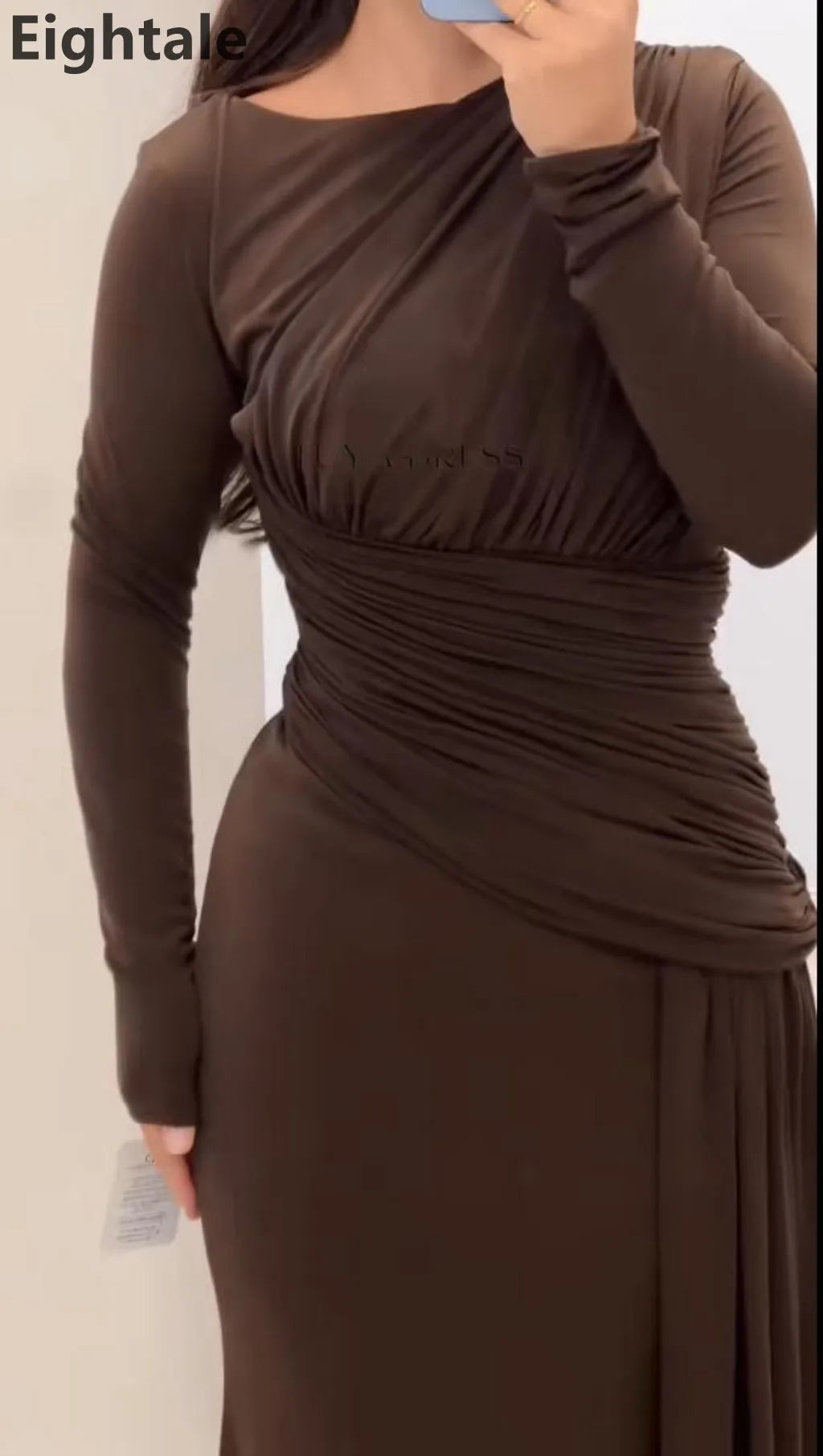 Eightale 2025 Brown Evening Dress O-Neck Pleat Long Sleeves Muslim Customized Arabic Prom Gown Muslim Party Dress robe de soiree