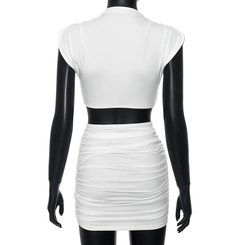 O-Neck Crop Top Summer Dress Set Sleeveless Two Piece Sets Womens Outfits Mini Skirt Folds Ensembles De Jupes Conjuntos De Falda