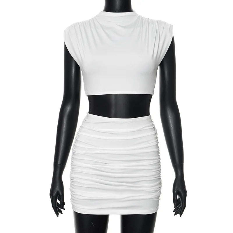 O-Neck Crop Top Summer Dress Set Sleeveless Two Piece Sets Womens Outfits Mini Skirt Folds Ensembles De Jupes Conjuntos De Falda